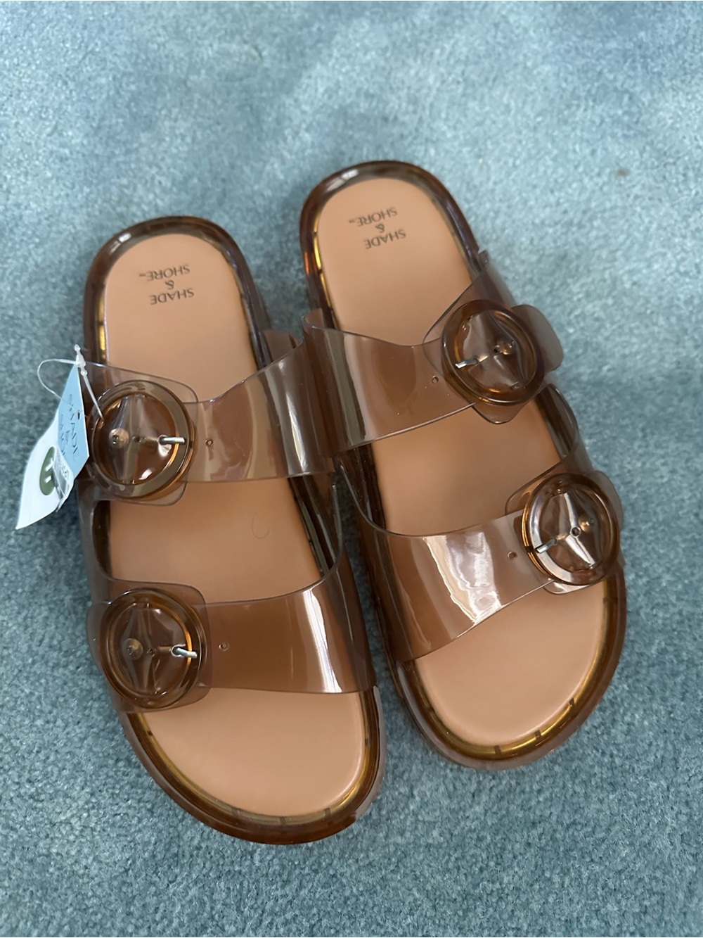 Shade & Shore Brown Clear Jelly Double-Buckle Slide Sandals